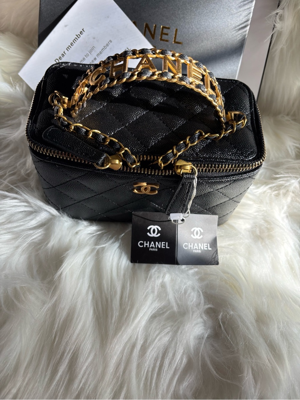 CC Novelty Black Top Handle Makeup Bag with Gold Chain